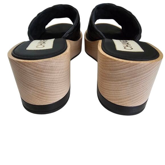 Chanel CC Wood Platform Sandal Slide Mule Size 39 US 8 8.5 Quilted Black Leather - Picture 8 of 15
